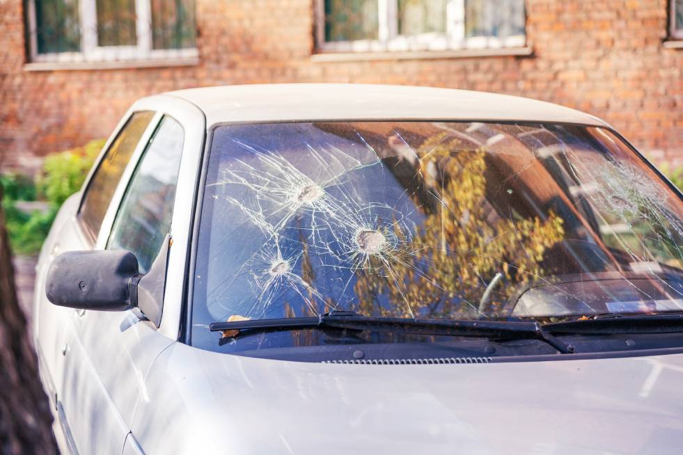 view of the car with broken auto glass 